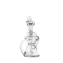 The MJ Arsenal Hydra Mini Dab Rig, featuring a clear glass body, unique curved design, and handle, is shown against a plain white background.