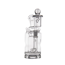 The MJ Arsenal Turbine Mini Dab Rig is a clear borosilicate glass water pipe with a cylindrical base, curved mouthpiece, removable glass bowl, and Inception Turbine Perc design, shown on a plain white background.
