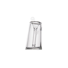 The MJ Arsenal Fulcrum Bubbler, made of transparent borosilicate glass with an angled design and a small round handle near the top, is shown against a plain white background.