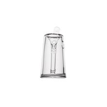 The MJ Arsenal Fulcrum Bubbler is a clear borosilicate glass piece shaped like an inverted cup with a loop handle on top and a glass rod inside, displayed against a plain white background.