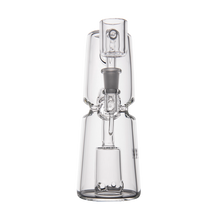 The MJ Arsenal Turret Mini Dab Rig, a clear borosilicate glass rig with a cylindrical base, percolator chamber, and angled mouthpiece, is shown on a white background.