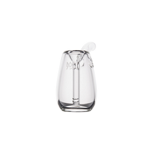 The MJ Arsenal Bulb Bubbler, made of clear borosilicate glass, is displayed empty against a white background. Its built-in glass downstem sits inside the durable and stylish borosilicate body.