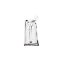 The MJ Arsenal Fulcrum Bubbler is crafted from durable borosilicate glass, featuring a cylindrical form, vertical inner tube, and side handle with circular opening, all showcased against a plain white background.