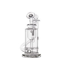 The MJ Arsenal Ursa Mini Dab Rig, made of clear borosilicate glass with an intricate percolator, curved mouthpiece, and sturdy base, is shown against a plain white background.