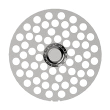 A round metal milling plate with evenly spaced circular holes and a solid center, designed for precise consistency sizes, from Flower Mill 2" Mill Plates, is displayed against a white background.