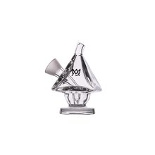 The MJ Arsenal King Bubbler is a clear borosilicate glass water pipe with a sailboat-inspired design, round base, and slanted bowl for smooth filtration, displayed on a plain white background.