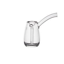The MJ Arsenal Bulb Bubbler is a clear borosilicate glass vessel with a cylindrical body and angled spout, featuring a modern, minimalist design, shown against a plain white background.