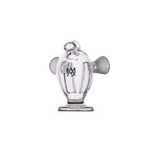 The MJ Arsenal Dubbler Original Double Bubbler is a clear borosilicate glass piece with two handles, a round base, looped top, and an etched abstract logo—ideal as a blunt bubbler. Shown against a plain white background.