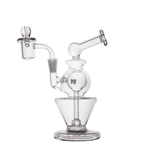 The MJ Arsenal Gemini Mini Dab Rig features clear borosilicate glass, a round chamber, angled mouthpiece, side percolator, and wide sturdy base—ideal for portable dabbing sessions. Shown against a plain white background.
