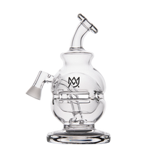 Clear glass water pipe with a curved neck, wide base, and black logo on the chamber, displayed on a white background—the perfect match for any MJ Arsenal Royale Vape Edition fan or dab rig enthusiast.