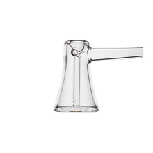 A clear borosilicate glass object with a cylindrical side spout and flared base, photographed on a white background—ideal as the MJ Arsenal Vulkan Bubbler, perfect for use as a compact and portable bubbler.