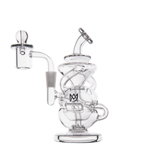 The MJ Arsenal Infinity Mini Dab Rig is a clear borosilicate glass rig with spiral and looped designs, a side mouthpiece, wide stable base, and branded chamber logo, displayed on a plain white background.