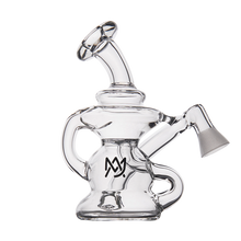 The MJ Arsenal Hydra Vape Edition is a clear glass mini dab rig featuring a curved neck, side mouthpiece, and a black front logo, shown on a white background.