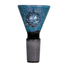 The MJ Arsenal Dichro Flower Bowl is a handmade glass bowl with a wide conical shape, white speckles, a round accent on the side, and a dark textured base designed to fit securely into compatible pieces.