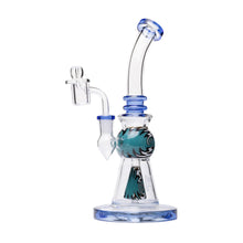 The Human Grade 10" Mini Gumball Rig Glass Water Pipe features clear borosilicate glass, blue accents, a curved neck, side percolator, teal and black chamber designs, and stands on a sturdy wide round base.