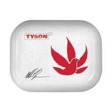 The Tyson 2.0 Rolling Tray is a white rectangular tray with rounded corners, featuring a red bird-shaped cannabis leaf logo, "TYSON" in red at the top left, and a black signature at the bottom left for legal use.