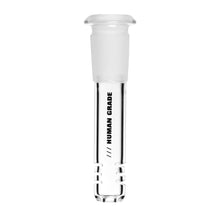 The Human Grade Downstem is a clear glass water pipe replacement with a frosted top, vertical black HUMAN GRADE text, and three horizontal grooves at the base. Fits 14mm pipes. Shown on a white background.