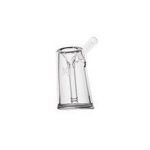 The MJ Arsenal Fulcrum Bubbler is a clear borosilicate glass piece with a cylindrical body, angled mouthpiece, internal downstem, and small etched logo—photographed on a plain white background.