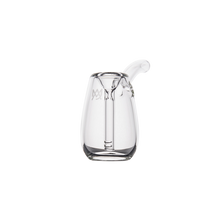 The MJ Arsenal Bulb Bubbler is a clear borosilicate glass water pipe with a curved mouthpiece and cylindrical chamber, featuring a subtle logo etched on the front. The portable bubbler is shown against a plain white background.