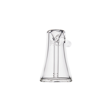 The MJ Arsenal Vulkan Bubbler is a clear borosilicate glass bubbler with a cylindrical design, wide base, and straight vertical tube, photographed against a white background—perfect for portable use.