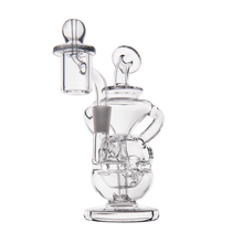 The MJ Arsenal Infinity Mini Dab Rig is a clear, durable borosilicate glass rig with a curved design, bowl attachment, percolator, and mouthpiece, displayed on a plain white background.