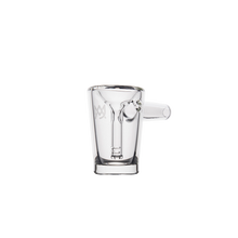 The MJ Arsenal Basin Bubbler is a clear borosilicate glass mini bubbler with a cup-like shape, short side handle, and small logo near the rim, shown against a plain white background.