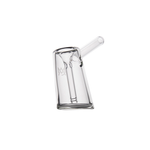 The MJ Arsenal Fulcrum Bubbler is a clear borosilicate glass pipe with a slanted cylindrical body, straight mouthpiece, and subtle etched logo, shown against a white background.