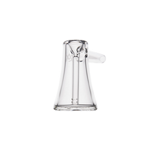 The MJ Arsenal Vulkan Bubbler is made of clear borosilicate glass and features a wide base, straight neck, and side mouthpiece, displayed on a plain white background.