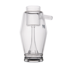 The MJ Arsenal Proxy Bubbler is a clear borosilicate glass water pipe with an angular body, cylindrical neck, straight side mouthpiece, internal percolator, and an upper logo—perfect for dabbing.