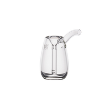 The MJ Arsenal Bulb Bubbler, made of clear borosilicate glass with a curved spout and sleek, modern design, is displayed against a plain white background.