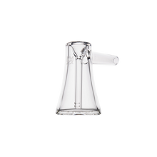 The MJ Arsenal Vulkan Bubbler is a clear borosilicate glass piece with a wide flared base, cylindrical body, and side tube. Its minimalist transparent design stands out against a plain white background.