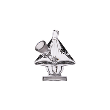 The MJ Arsenal King Bubbler is a clear borosilicate glass water pipe featuring a unique cone-shaped chamber, short mouthpiece, and thick round base for excellent water filtration, shown against a plain white background.