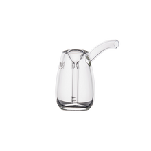 The MJ Arsenal Bulb Bubbler is a clear borosilicate glass vessel with a rounded base and a narrow, slightly curved spout, shown against a plain white background.