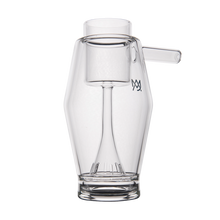 The MJ Arsenal Proxy Bubbler is a sleek borosilicate glass accessory with a cylindrical spout, built-in strainer, geometric design, and small front logo—making it a stylish addition to any dabbing setup.