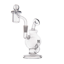 The MJ Arsenal Atlas Mini Dab Rig, crafted from durable borosilicate glass with a round base, angled mouthpiece, and attached banger, is shown on a white background.