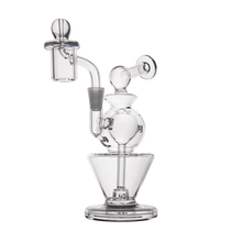 The MJ Arsenal Gemini Mini Dab Rig, made of clear borosilicate glass with multiple chambers and a round base, is shown on a plain white background—ideal for portable dabbing sessions.