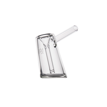 A clear glass MJ Arsenal Fulcrum Bubbler with a tilted cylindrical body and straight mouthpiece, photographed on a plain white background.