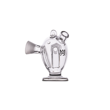 The MJ Arsenal Dubbler Original Double Bubbler features clear borosilicate glass, a rounded body, wide flared mouthpiece, angled joint, and small logo. It stands upright on a flat base, offering smooth water filtration against a white background.