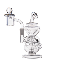 The MJ Arsenal Infinity Mini Dab Rig is a clear borosilicate glass recycler with multiple chambers, a wide base, side arm, banger, and round carb cap, displayed against a plain white background.