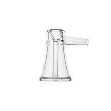 The MJ Arsenal Vulkan Bubbler, a clear borosilicate glass funnel-shaped piece with a wide base, narrow neck, and right-side horizontal spout, is shown against a plain white background.