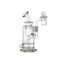 The MJ Arsenal Ursa Mini Dab Rig, made from clear borosilicate glass with a cylindrical chamber, angled mouthpiece, and side arm attachment, is shown against a plain white background.