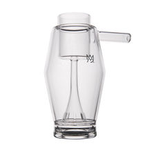The MJ Arsenal Proxy Bubbler is a clear borosilicate glass accessory with a right-side handle, an internal tall narrow spout, and a sleek black logo on its side, showcased on a white background.
