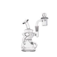 The MJ Arsenal Hydra Mini Dab Rig, a clear glass recycler with a unique twisted design, bent neck, round base, and quartz banger with bubble carb cap, is shown against a plain white background.