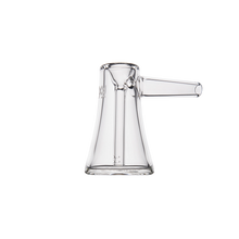 The MJ Arsenal Vulkan Bubbler, made of clear borosilicate glass with a flared base and cylindrical handle, is showcased against a plain white background.