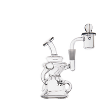 The MJ Arsenal Hydra Mini Dab Rig is a clear glass recycler with a curved mouthpiece, recycler chamber, and quartz banger attachment, displayed on a plain white background.