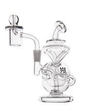 The MJ Arsenal Infinity Mini Dab Rig, made from clear borosilicate glass with curved and looped details, a side chamber, and a dome-shaped mouthpiece, is shown against a white background.