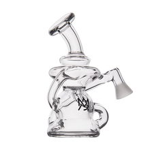The MJ Arsenal Hydra Vape Edition is a clear glass water pipe with a curved neck, multiple chambers, an angled bowl attachment, and black logo on the main chamber—doubling as a splash-resistant bubbler against a white background.