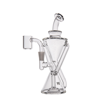 The MJ Arsenal Time Turner Mini Dab Rig, featuring clear borosilicate glass, an hourglass shape, angled mouthpiece, and side percolator attachment, is displayed on a white background.