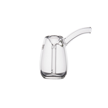 The MJ Arsenal Bulb Bubbler, crafted from clear borosilicate glass, features a rounded base and elongated spout, shown on a plain white background.