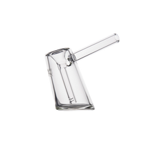The MJ Arsenal Fulcrum Bubbler is a clear, angled mini pipe with a straight mouthpiece, crafted from durable borosilicate glass and shown against a plain white background.